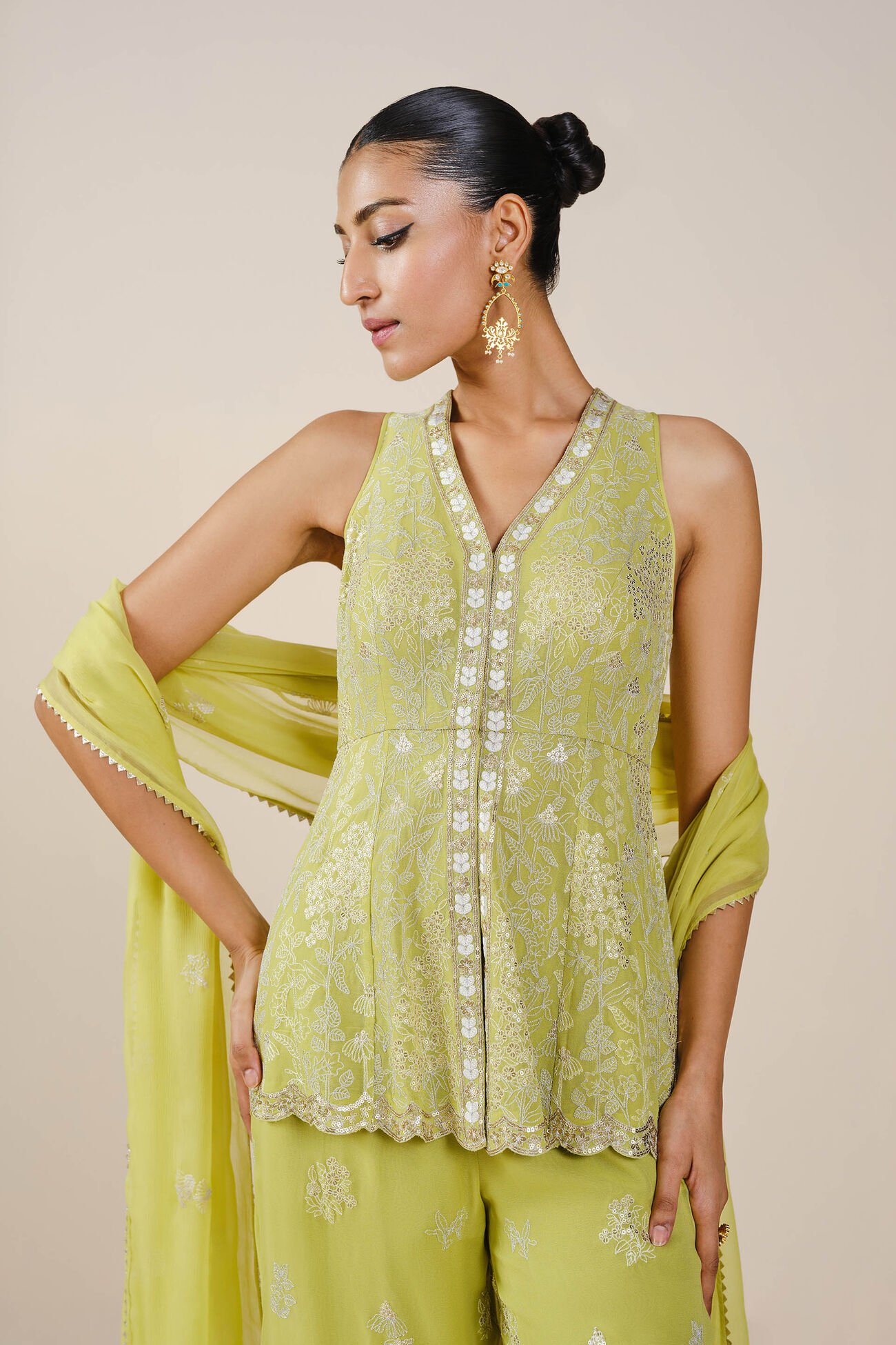 Operetta Embroidered Georgette Set - Lime, Lime, image 4